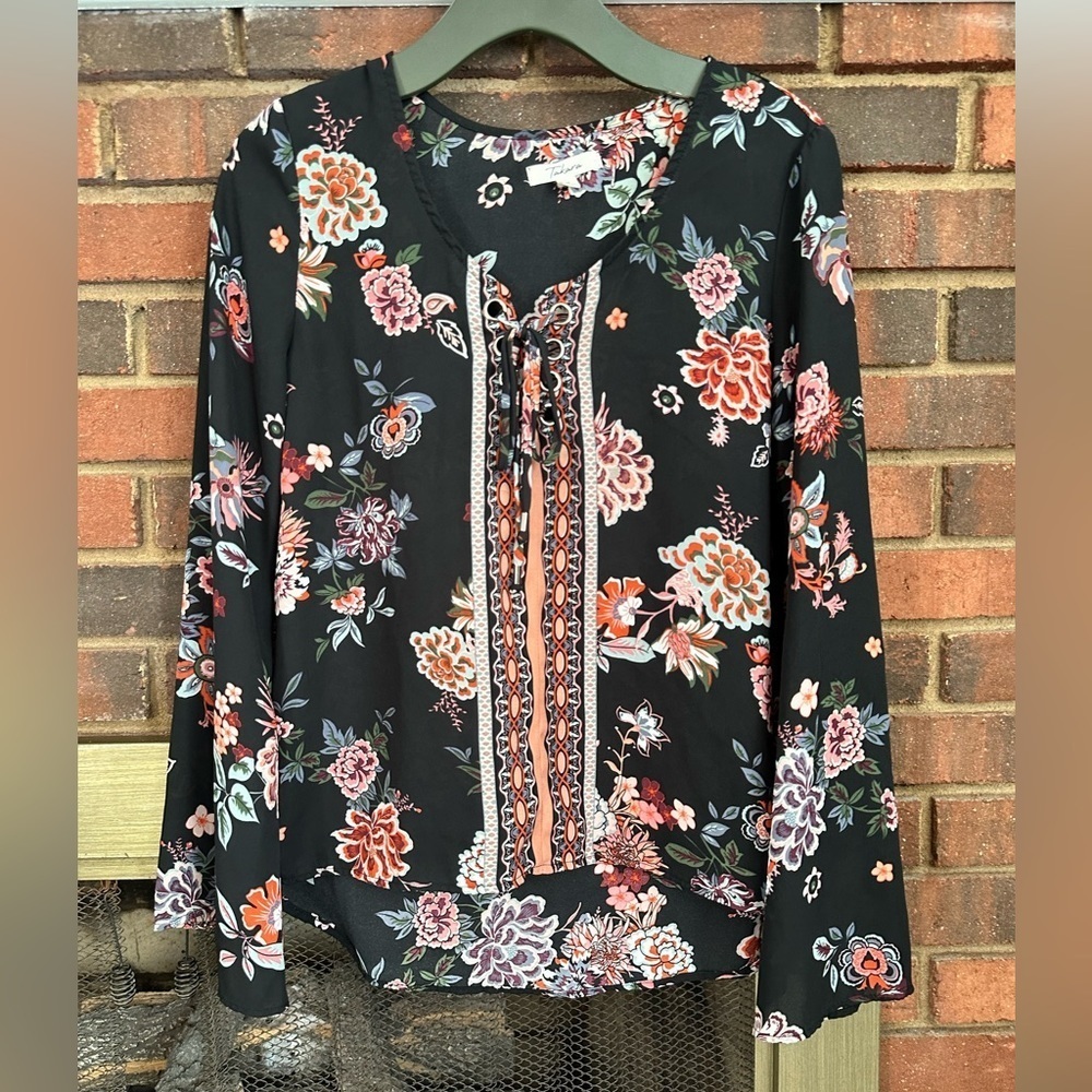 #8) black with floral high / low blouse great condition.